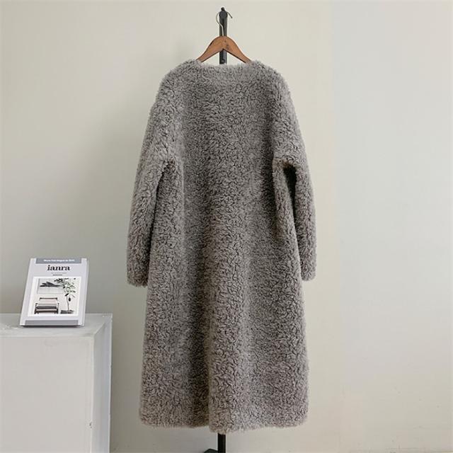 ボアコート レディース ロング丈 ウール 冬 アウター 秋冬 もこもこ 可愛い 大人女子 韓国 きれいめ シンプル 上品 ダブルボタン 防寒 ふわふわ トレンド 通勤 体型カバー おしゃれ 長袖 ポケット付き ブラック ホワイト グレー ブラウン ピンク ベージュ_12