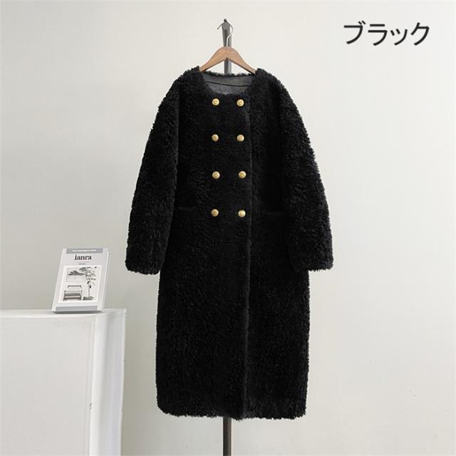 ボアコート レディース ロング丈 ウール 冬 アウター 秋冬 もこもこ 可愛い 大人女子 韓国 きれいめ シンプル 上品 ダブルボタン 防寒 ふわふわ トレンド 通勤 体型カバー おしゃれ 長袖 ポケット付き ブラック ホワイト グレー ブラウン ピンク ベージュ_13