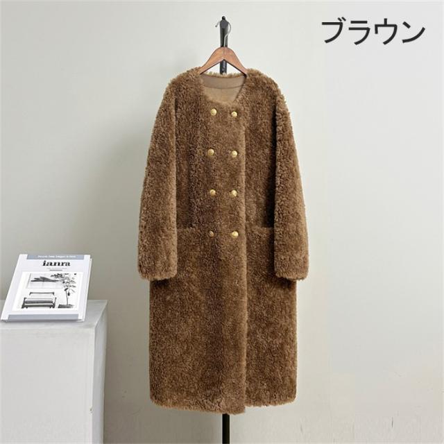 ボアコート レディース ロング丈 ウール 冬 アウター 秋冬 もこもこ 可愛い 大人女子 韓国 きれいめ シンプル 上品 ダブルボタン 防寒 ふわふわ トレンド 通勤 体型カバー おしゃれ 長袖 ポケット付き ブラック ホワイト グレー ブラウン ピンク ベージュ_15