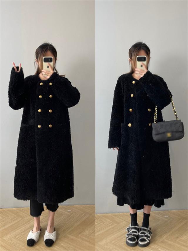 ボアコート レディース ロング丈 ウール 冬 アウター 秋冬 もこもこ 可愛い 大人女子 韓国 きれいめ シンプル 上品 ダブルボタン 防寒 ふわふわ トレンド 通勤 体型カバー おしゃれ 長袖 ポケット付き ブラック ホワイト グレー ブラウン ピンク ベージュ_2