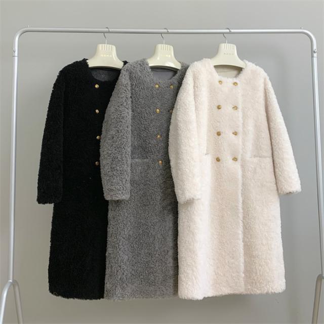 ボアコート レディース ロング丈 ウール 冬 アウター 秋冬 もこもこ 可愛い 大人女子 韓国 きれいめ シンプル 上品 ダブルボタン 防寒 ふわふわ トレンド 通勤 体型カバー おしゃれ 長袖 ポケット付き ブラック ホワイト グレー ブラウン ピンク ベージュ_4
