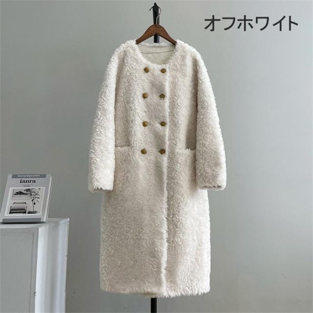 ボアコート レディース ロング丈 ウール 冬 アウター 秋冬 もこもこ 可愛い 大人女子 韓国 きれいめ シンプル 上品 ダブルボタン 防寒 ふわふわ トレンド 通勤 体型カバー おしゃれ 長袖 ポケット付き ブラック ホワイト グレー ブラウン ピンク ベージュ_6