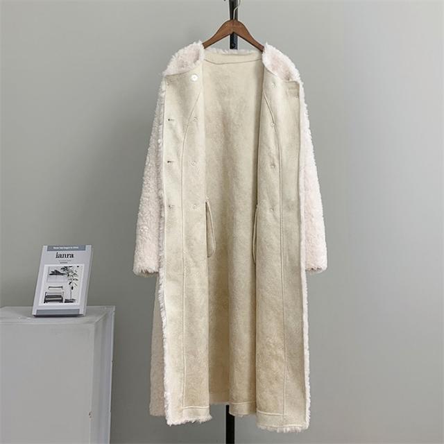 ボアコート レディース ロング丈 ウール 冬 アウター 秋冬 もこもこ 可愛い 大人女子 韓国 きれいめ シンプル 上品 ダブルボタン 防寒 ふわふわ トレンド 通勤 体型カバー おしゃれ 長袖 ポケット付き ブラック ホワイト グレー ブラウン ピンク ベージュ_7
