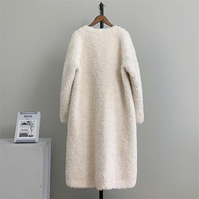 ボアコート レディース ロング丈 ウール 冬 アウター 秋冬 もこもこ 可愛い 大人女子 韓国 きれいめ シンプル 上品 ダブルボタン 防寒 ふわふわ トレンド 通勤 体型カバー おしゃれ 長袖 ポケット付き ブラック ホワイト グレー ブラウン ピンク ベージュ_8