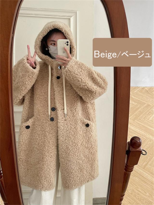 【全5色／S〜L】ボアコート フード付き レディース ウール 秋冬 アウター ファー もこもこ ロング丈 ゆったり 体型カバー カジュアル 韓国風 防寒 軽量 暖かい ふわふわ 20代 30代 40代 学生 ママ シンプル 上品 オフホワイト ブラック ベージュ グレー ブラウン_9