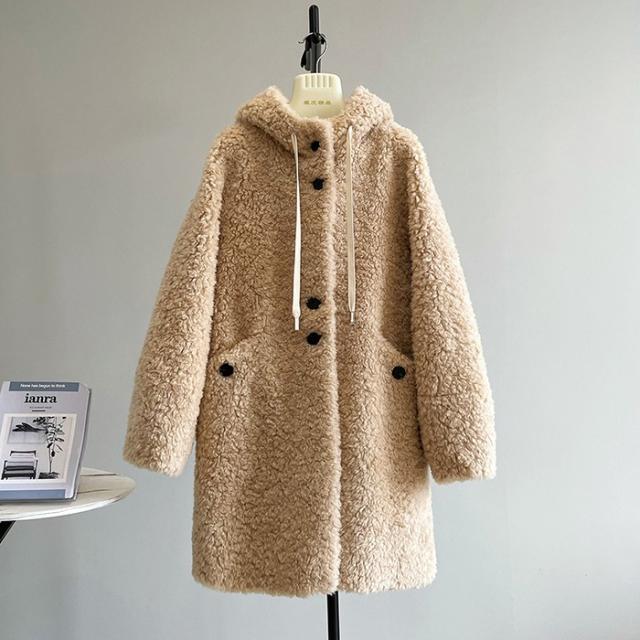 【全5色／S〜L】ボアコート フード付き レディース ウール 秋冬 アウター ファー もこもこ ロング丈 ゆったり 体型カバー カジュアル 韓国風 防寒 軽量 暖かい ふわふわ 20代 30代 40代 学生 ママ シンプル 上品 オフホワイト ブラック ベージュ グレー ブラウン_10
