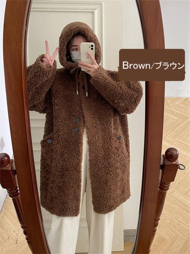 【全5色／S〜L】ボアコート フード付き レディース ウール 秋冬 アウター ファー もこもこ ロング丈 ゆったり 体型カバー カジュアル 韓国風 防寒 軽量 暖かい ふわふわ 20代 30代 40代 学生 ママ シンプル 上品 オフホワイト ブラック ベージュ グレー ブラウン_12