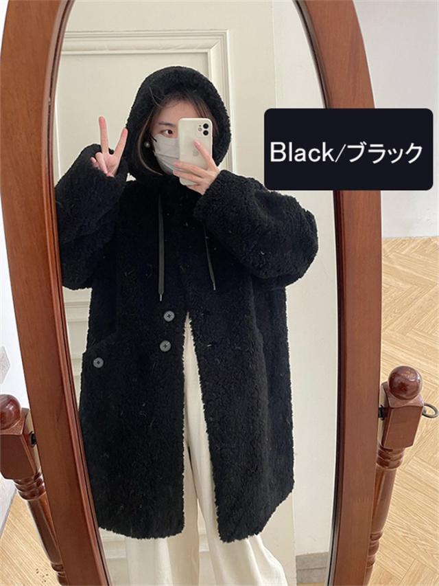 【全5色／S〜L】ボアコート フード付き レディース ウール 秋冬 アウター ファー もこもこ ロング丈 ゆったり 体型カバー カジュアル 韓国風 防寒 軽量 暖かい ふわふわ 20代 30代 40代 学生 ママ シンプル 上品 オフホワイト ブラック ベージュ グレー ブラウン_15