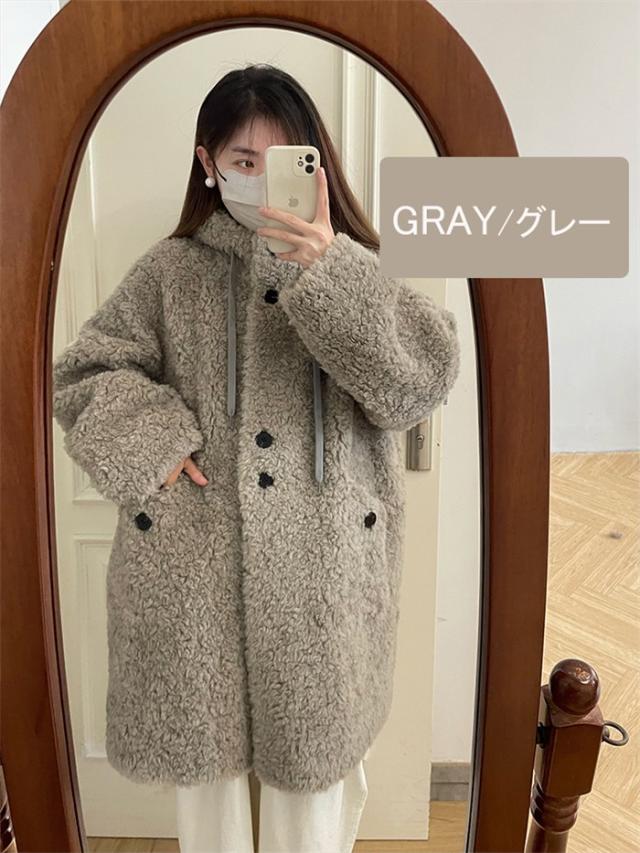 【全5色／S〜L】ボアコート フード付き レディース ウール 秋冬 アウター ファー もこもこ ロング丈 ゆったり 体型カバー カジュアル 韓国風 防寒 軽量 暖かい ふわふわ 20代 30代 40代 学生 ママ シンプル 上品 オフホワイト ブラック ベージュ グレー ブラウン_3