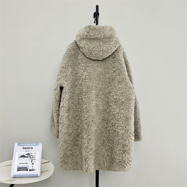 【全5色／S〜L】ボアコート フード付き レディース ウール 秋冬 アウター ファー もこもこ ロング丈 ゆったり 体型カバー カジュアル 韓国風 防寒 軽量 暖かい ふわふわ 20代 30代 40代 学生 ママ シンプル 上品 オフホワイト ブラック ベージュ グレー ブラウン_5