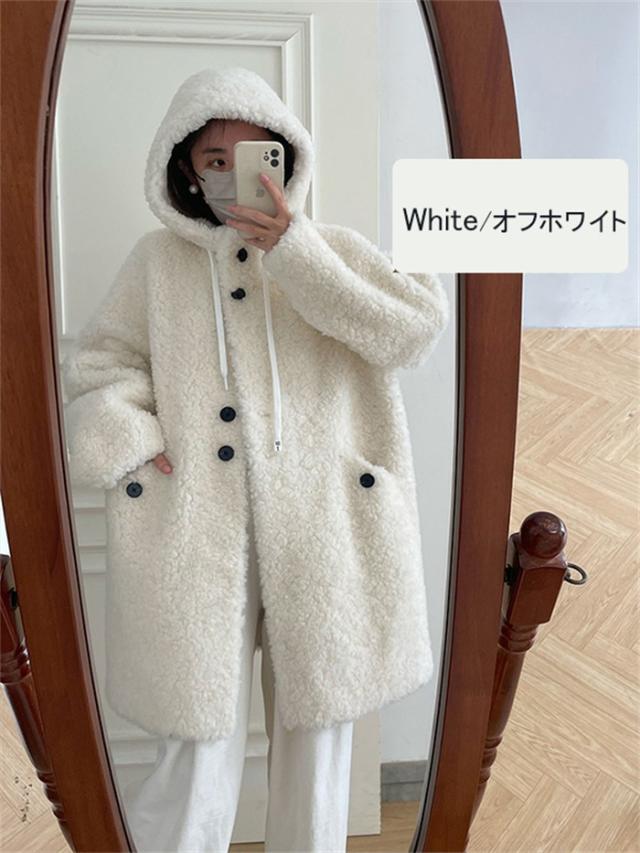 【全5色／S〜L】ボアコート フード付き レディース ウール 秋冬 アウター ファー もこもこ ロング丈 ゆったり 体型カバー カジュアル 韓国風 防寒 軽量 暖かい ふわふわ 20代 30代 40代 学生 ママ シンプル 上品 オフホワイト ブラック ベージュ グレー ブラウン_6