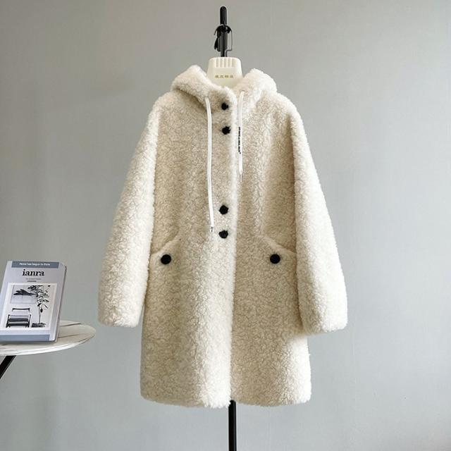 【全5色／S〜L】ボアコート フード付き レディース ウール 秋冬 アウター ファー もこもこ ロング丈 ゆったり 体型カバー カジュアル 韓国風 防寒 軽量 暖かい ふわふわ 20代 30代 40代 学生 ママ シンプル 上品 オフホワイト ブラック ベージュ グレー ブラウン_7