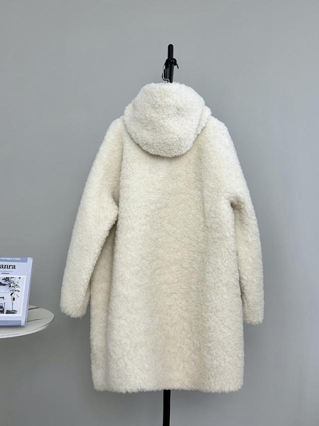 【全5色／S〜L】ボアコート フード付き レディース ウール 秋冬 アウター ファー もこもこ ロング丈 ゆったり 体型カバー カジュアル 韓国風 防寒 軽量 暖かい ふわふわ 20代 30代 40代 学生 ママ シンプル 上品 オフホワイト ブラック ベージュ グレー ブラウン_8