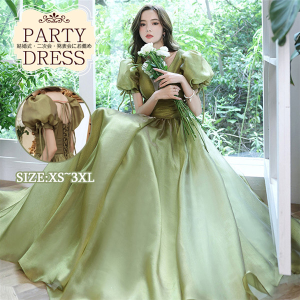 【送料無料】パフスリーブ プリンセスライン 演奏会ドレス 大人 ピアノ 発表会 イブニングドレス ロング 母親 結婚式 パーティードレス 胸元透明感 成人式 同窓会 二次会 プリンセス かわいい シンプル