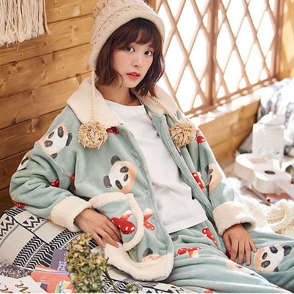 モコモコ パジャマ 可愛い レディース 部屋着 寝巻き ギフト かわいい 韓国 上下セット レディース 前開き ブルー ナイトウエア パンダ柄の通販はau Pay マーケット Glory Park