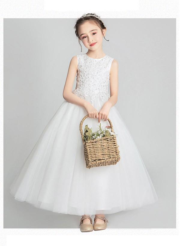 【送料無料】キッズ ドレス 子供服 キッズ服 キッズドレス ピアノ 発表会 結婚式 ワンピース 女の子 ロングドレス ラウンドネック ノースリーブ 透け感 レース プリンセスライン ロング ホワイト フォーマルドレス パーティードレス_1
