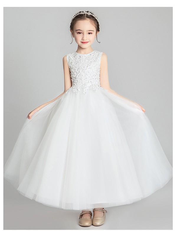 【送料無料】キッズ ドレス 子供服 キッズ服 キッズドレス ピアノ 発表会 結婚式 ワンピース 女の子 ロングドレス ラウンドネック ノースリーブ 透け感 レース プリンセスライン ロング ホワイト フォーマルドレス パーティードレス_3