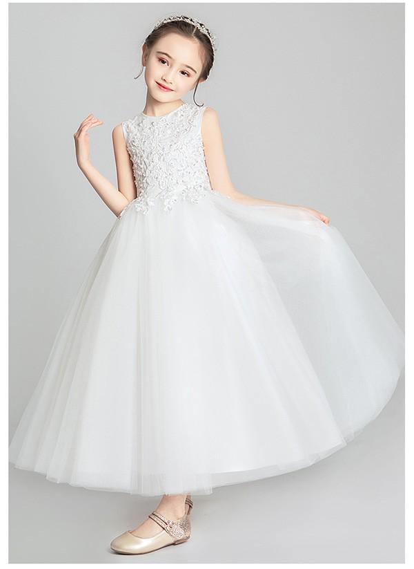 【送料無料】キッズ ドレス 子供服 キッズ服 キッズドレス ピアノ 発表会 結婚式 ワンピース 女の子 ロングドレス ラウンドネック ノースリーブ 透け感 レース プリンセスライン ロング ホワイト フォーマルドレス パーティードレス_4