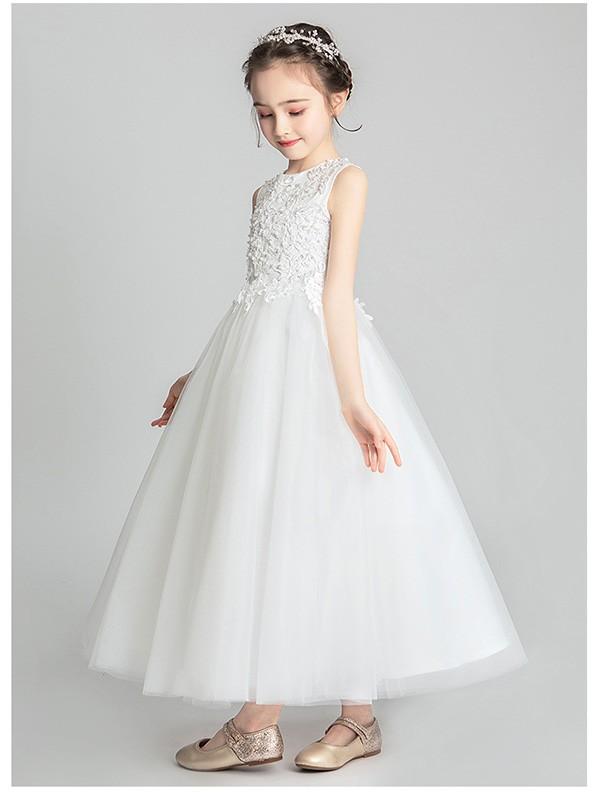 【送料無料】キッズ ドレス 子供服 キッズ服 キッズドレス ピアノ 発表会 結婚式 ワンピース 女の子 ロングドレス ラウンドネック ノースリーブ 透け感 レース プリンセスライン ロング ホワイト フォーマルドレス パーティードレス_5