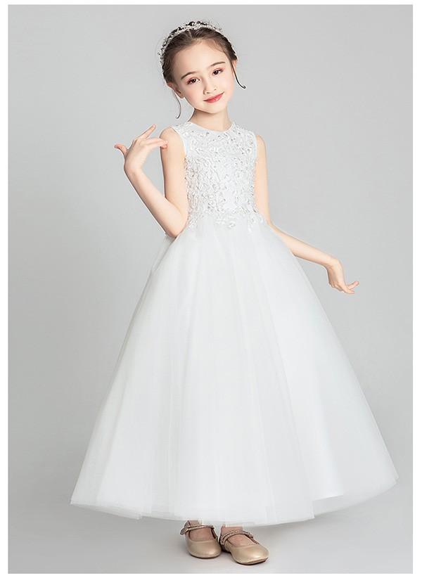【送料無料】キッズ ドレス 子供服 キッズ服 キッズドレス ピアノ 発表会 結婚式 ワンピース 女の子 ロングドレス ラウンドネック ノースリーブ 透け感 レース プリンセスライン ロング ホワイト フォーマルドレス パーティードレス_6