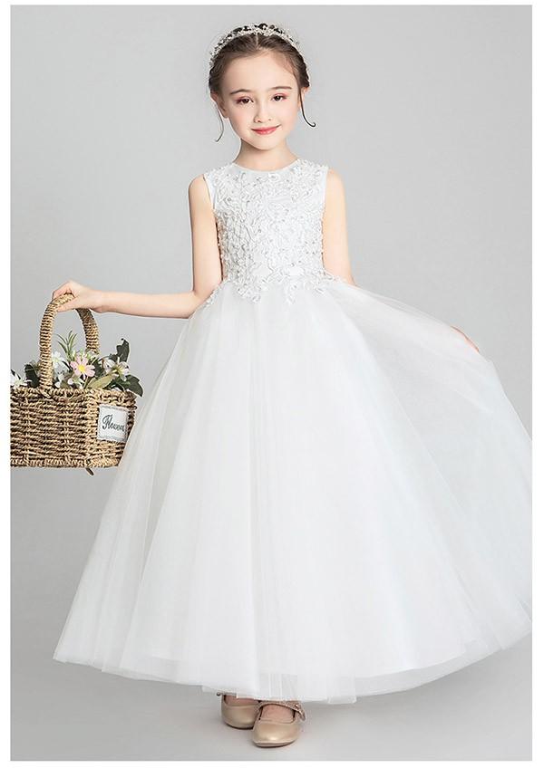 【送料無料】キッズ ドレス 子供服 キッズ服 キッズドレス ピアノ 発表会 結婚式 ワンピース 女の子 ロングドレス ラウンドネック ノースリーブ 透け感 レース プリンセスライン ロング ホワイト フォーマルドレス パーティードレス_7