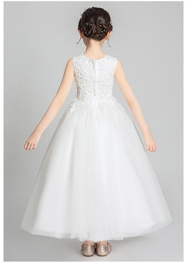 【送料無料】キッズ ドレス 子供服 キッズ服 キッズドレス ピアノ 発表会 結婚式 ワンピース 女の子 ロングドレス ラウンドネック ノースリーブ 透け感 レース プリンセスライン ロング ホワイト フォーマルドレス パーティードレス_8