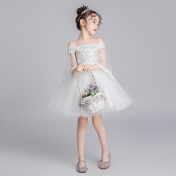 【送料無料】キッズ ドレス 子供服 ピアノ 発表会 結婚式 ワンピース 女の子 ショート丈 オフショルダー 長袖 ケープ袖 プリンセスライン ホワイト 透け感 レース 演奏会 七五三 フォーマルドレス パーティードレス 100 110 120 130 140 150 160_1