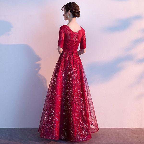 送料無料】パーティードレス ロング丈 演奏会 五分袖 レース キラキラ