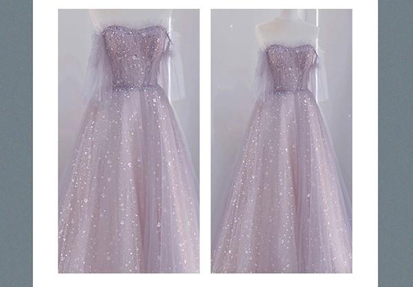 送料無料】パーティードレス ロング丈 演奏会 キラキラ 袖付き 肩出し