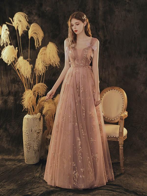 パーティードレス ロング丈 演奏会 スクエアネック 花柄 リボン付き 肩出し 袖なし ノースリーブ ドレス 大人 ピアノ 発表会 成人式 同窓会 結婚式 Aライン ステージドレス 編み上げタイプ ベアトップ 二次会 忘年会 上品 20代 30代 ピンク XS S M L da221g5g5l9_6
