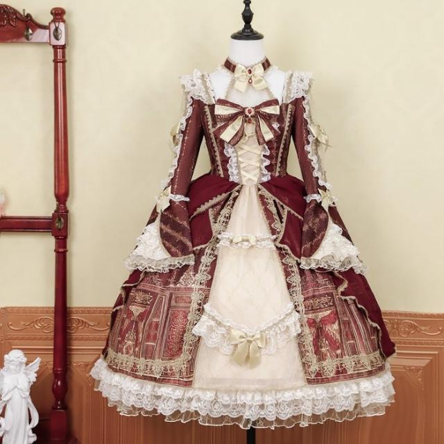 ロリータ 可愛い 萌え萌え リボン ワンピース Lolita ロング丈 レディース コスチューム お嬢様 パーティー 仮装 演出 ステージ 学園祭 文化祭 イベント レッド S M L_9