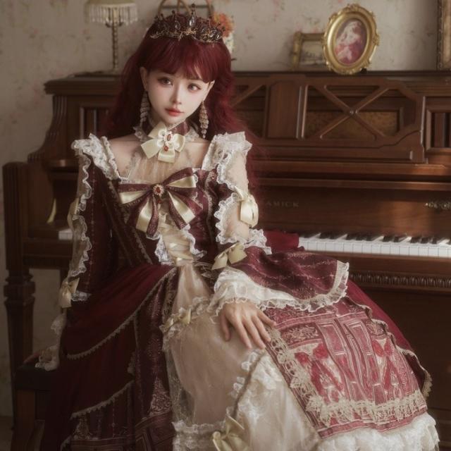 ロリータ 可愛い 萌え萌え リボン ワンピース Lolita ロング丈 レディース コスチューム お嬢様 パーティー 仮装 演出 ステージ 学園祭 文化祭 イベント レッド S M L_1