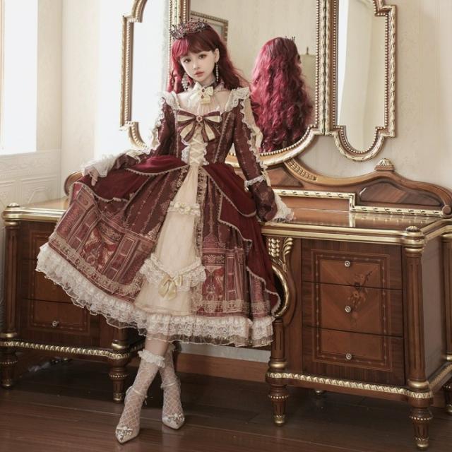 ロリータ 可愛い 萌え萌え リボン ワンピース Lolita ロング丈 レディース コスチューム お嬢様 パーティー 仮装 演出 ステージ 学園祭 文化祭 イベント レッド S M L_2