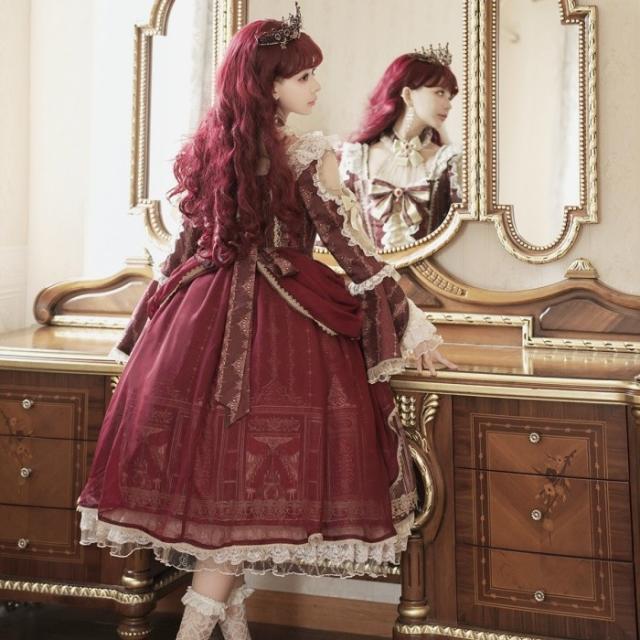 ロリータ 可愛い 萌え萌え リボン ワンピース Lolita ロング丈 レディース コスチューム お嬢様 パーティー 仮装 演出 ステージ 学園祭 文化祭 イベント レッド S M L_3