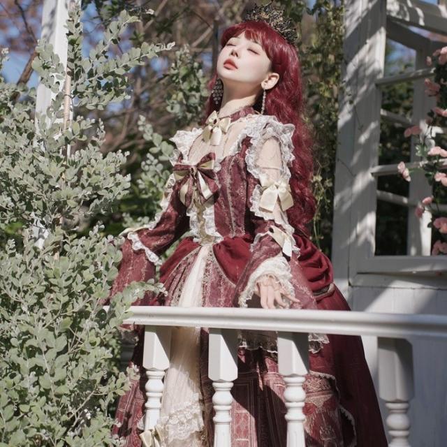 ロリータ 可愛い 萌え萌え リボン ワンピース Lolita ロング丈 レディース コスチューム お嬢様 パーティー 仮装 演出 ステージ 学園祭 文化祭 イベント レッド S M L_4