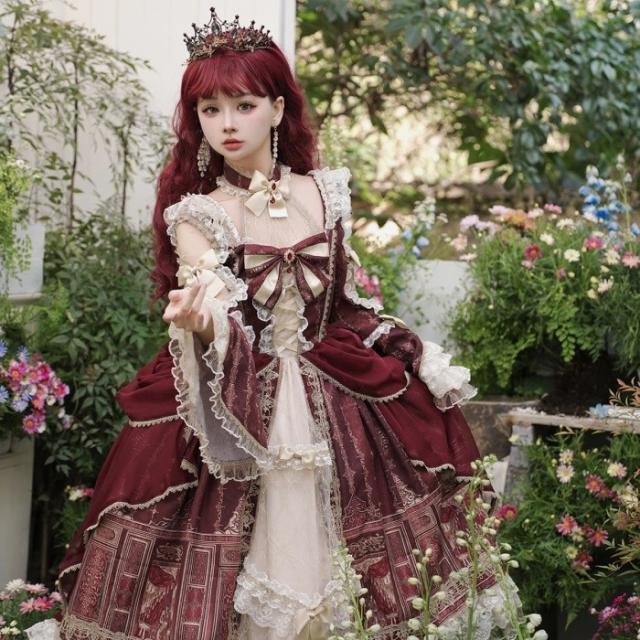 ロリータ 可愛い 萌え萌え リボン ワンピース Lolita ロング丈 レディース コスチューム お嬢様 パーティー 仮装 演出 ステージ 学園祭 文化祭 イベント レッド S M L_5