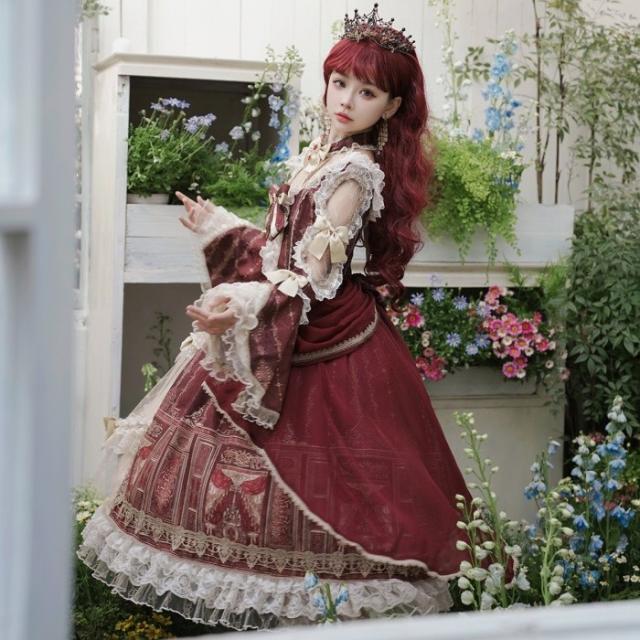 ロリータ 可愛い 萌え萌え リボン ワンピース Lolita ロング丈 レディース コスチューム お嬢様 パーティー 仮装 演出 ステージ 学園祭 文化祭 イベント レッド S M L_6