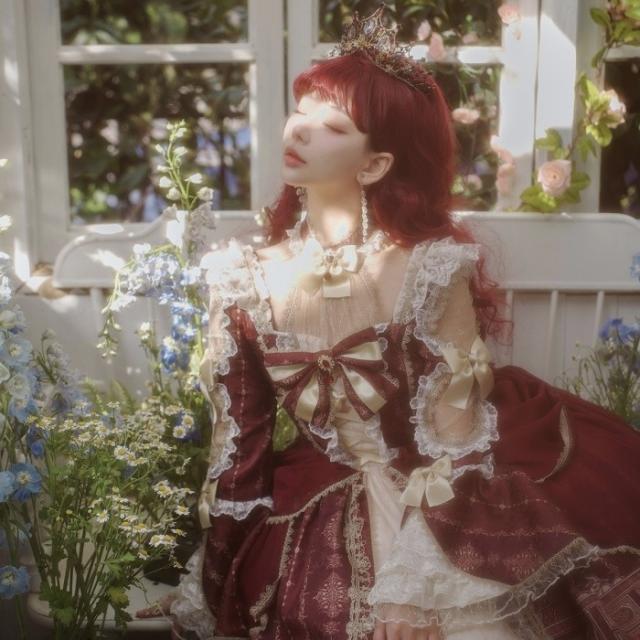 ロリータ 可愛い 萌え萌え リボン ワンピース Lolita ロング丈 レディース コスチューム お嬢様 パーティー 仮装 演出 ステージ 学園祭 文化祭 イベント レッド S M L_8