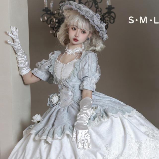 ロリータ 可愛い 萌え萌え リボン ワンピース Lolita ロング丈 レディース コスチューム お嬢様 パーティー 仮装 演出 ステージ 学園祭 文化祭 イベント ブルー S M L