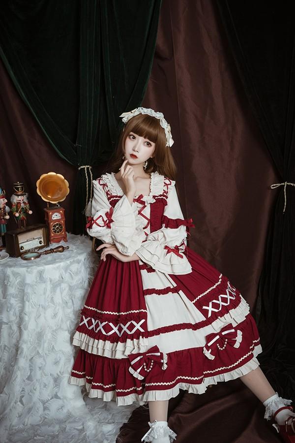 【送料無料】ロリータ クラロリ ワンピース Aライン Lolita 2カラー 女の子 コスプレ ミモレ丈 レディース コスチューム 衣装 かわいい 可愛い フリル 仮装 パーティ イベント ネイビー ワインレッド_9