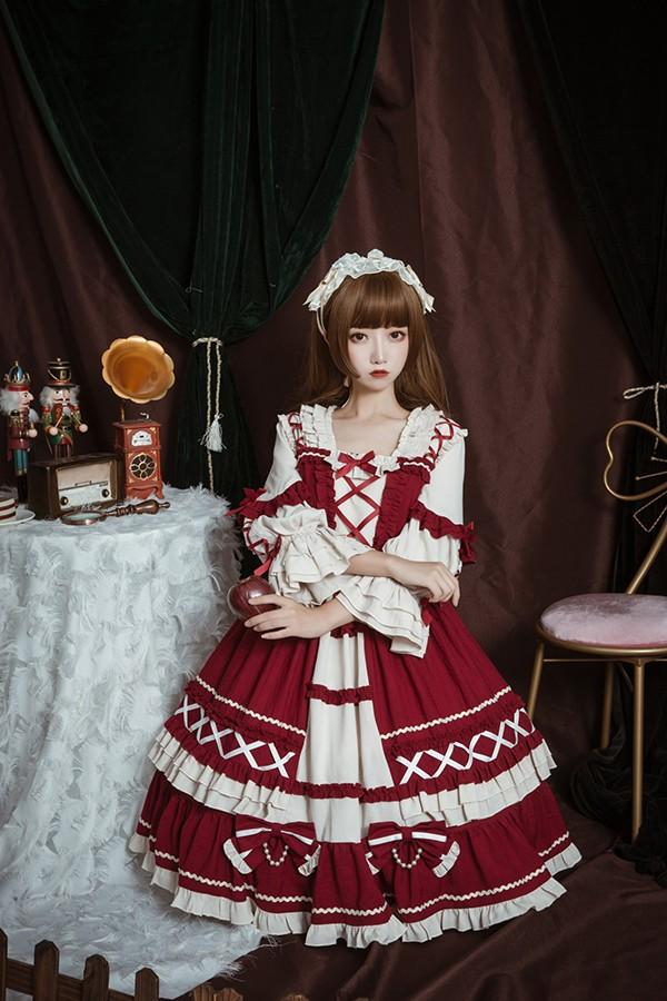 【送料無料】ロリータ クラロリ ワンピース Aライン Lolita 2カラー 女の子 コスプレ ミモレ丈 レディース コスチューム 衣装 かわいい 可愛い フリル 仮装 パーティ イベント ネイビー ワインレッド_10