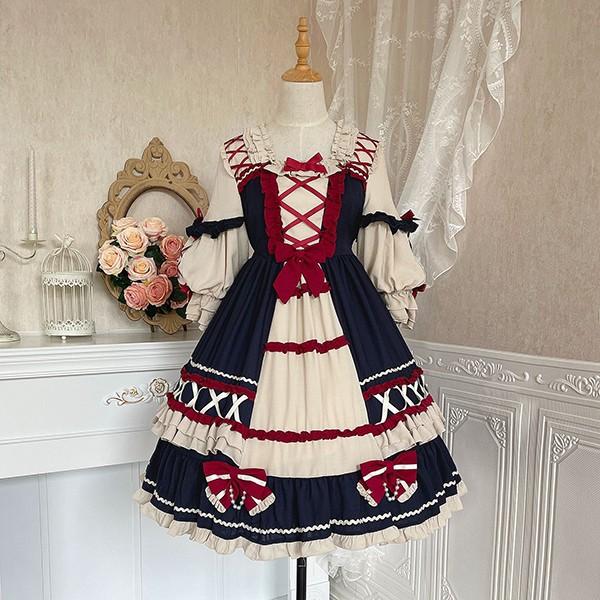 【送料無料】ロリータ クラロリ ワンピース Aライン Lolita 2カラー 女の子 コスプレ ミモレ丈 レディース コスチューム 衣装 かわいい 可愛い フリル 仮装 パーティ イベント ネイビー ワインレッド_12