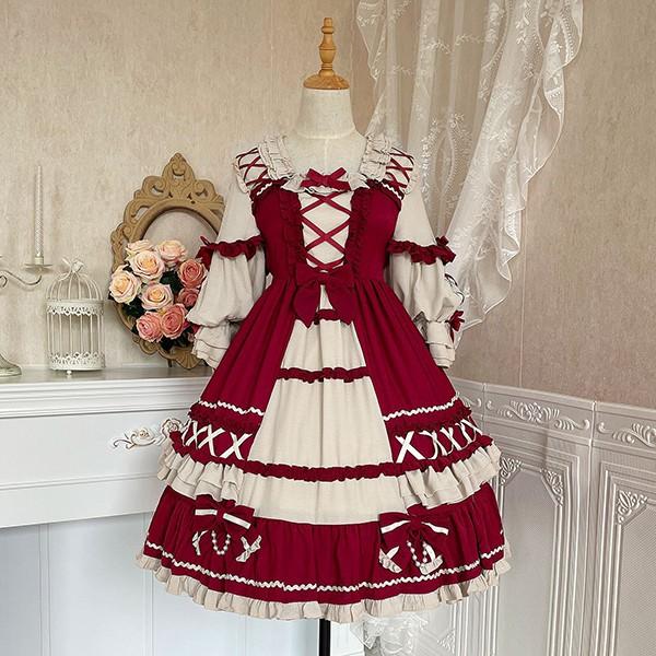 【送料無料】ロリータ クラロリ ワンピース Aライン Lolita 2カラー 女の子 コスプレ ミモレ丈 レディース コスチューム 衣装 かわいい 可愛い フリル 仮装 パーティ イベント ネイビー ワインレッド_13