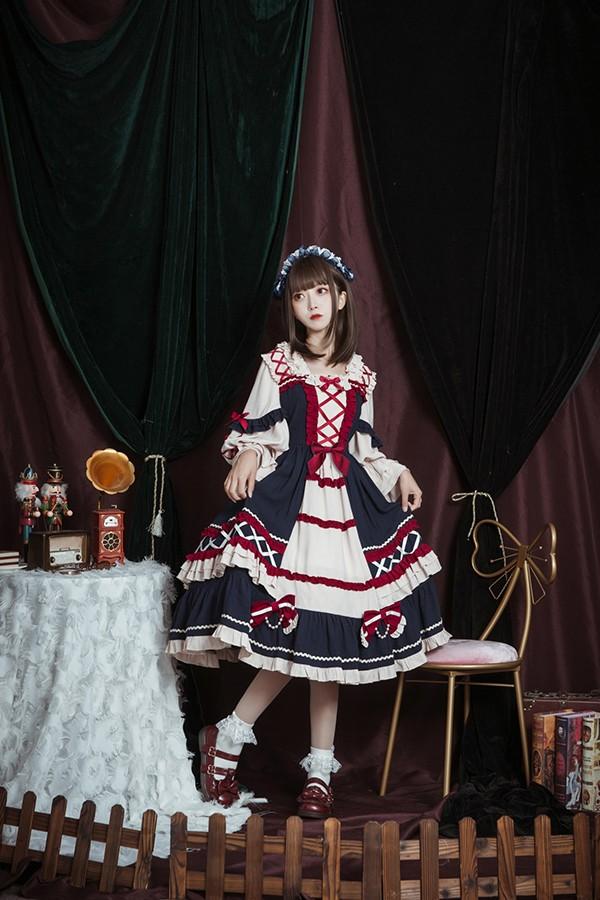 【送料無料】ロリータ クラロリ ワンピース Aライン Lolita 2カラー 女の子 コスプレ ミモレ丈 レディース コスチューム 衣装 かわいい 可愛い フリル 仮装 パーティ イベント ネイビー ワインレッド_2