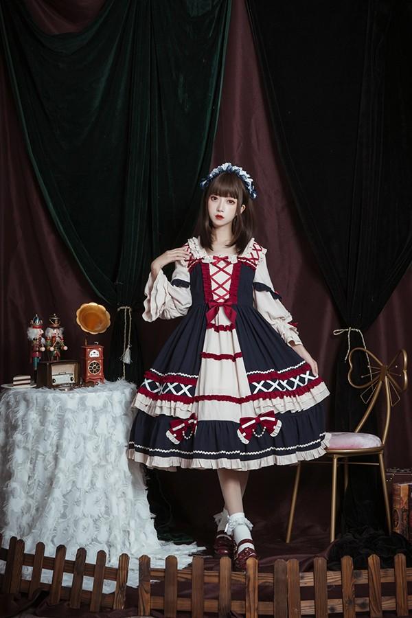 【送料無料】ロリータ クラロリ ワンピース Aライン Lolita 2カラー 女の子 コスプレ ミモレ丈 レディース コスチューム 衣装 かわいい 可愛い フリル 仮装 パーティ イベント ネイビー ワインレッド_3