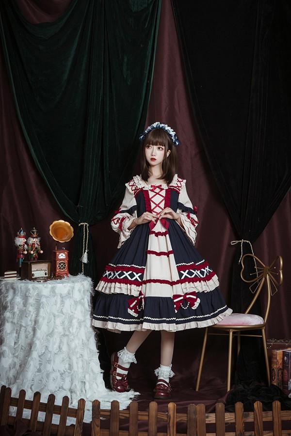 【送料無料】ロリータ クラロリ ワンピース Aライン Lolita 2カラー 女の子 コスプレ ミモレ丈 レディース コスチューム 衣装 かわいい 可愛い フリル 仮装 パーティ イベント ネイビー ワインレッド_4