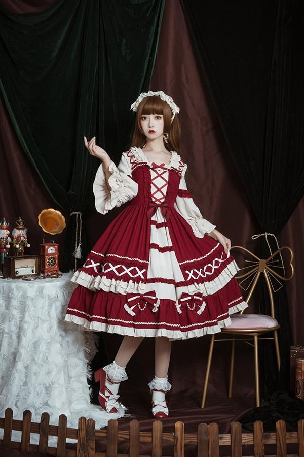 【送料無料】ロリータ クラロリ ワンピース Aライン Lolita 2カラー 女の子 コスプレ ミモレ丈 レディース コスチューム 衣装 かわいい 可愛い フリル 仮装 パーティ イベント ネイビー ワインレッド_7