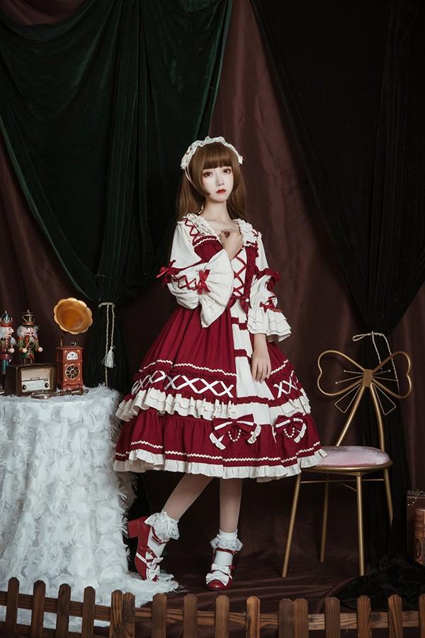【送料無料】ロリータ クラロリ ワンピース Aライン Lolita 2カラー 女の子 コスプレ ミモレ丈 レディース コスチューム 衣装 かわいい 可愛い フリル 仮装 パーティ イベント ネイビー ワインレッド_8