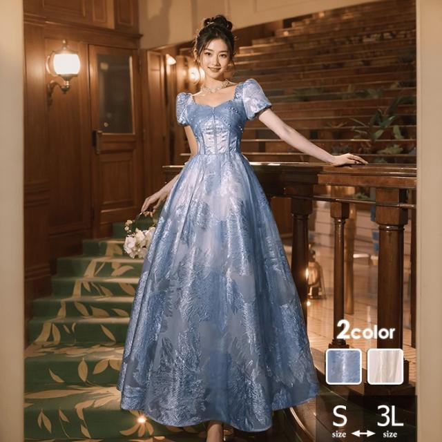 パーテイードレス ロング丈ドレス ２カラー レディース 着痩せ 発表会 演奏会 二次会 大きいサイズ エレガント 20代 30代 40代 大人 可愛い 結婚式 披露宴 フォーマルドレス シャンパン ブルー