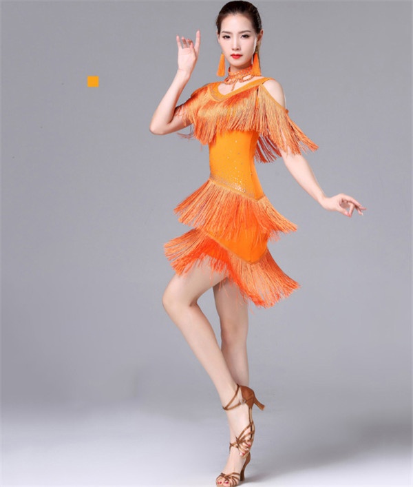 ラテン衣装、オレンジ フリンジ ダンス衣装 送料無料】ラテンドレス ラテンダンス ダンス衣装 演技服 ワンピース